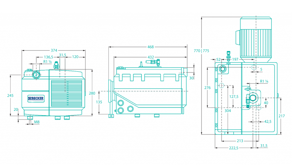Becker U 4.100 vacuum pump – dimensional drawing