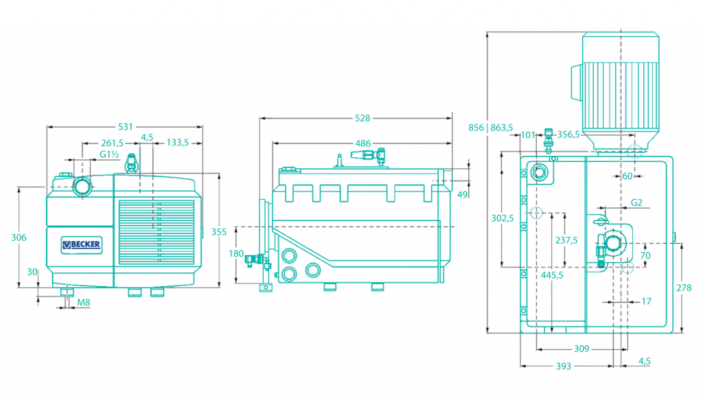 Becker U 4.165 vacuum pump – dimensional drawing
