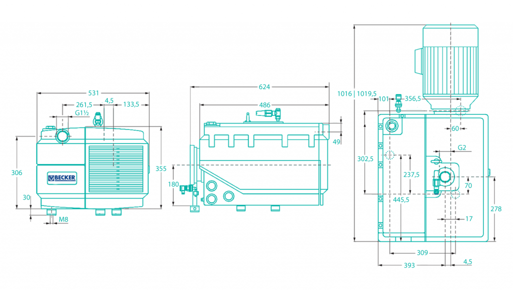 Becker U 4.190 vacuum pump – dimensional drawing