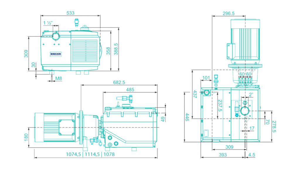 Becker U 4.300 vacuum pump – dimensional drawing